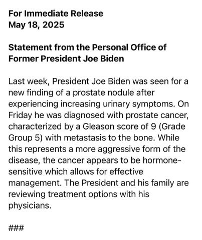Comunicado de prensa sobre el diagnóstico de cáncer de Joe Biden